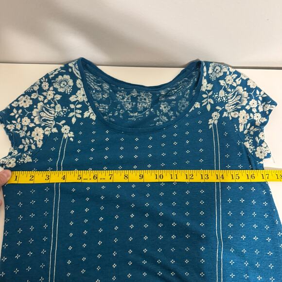 Lucky Brand Women's Top Small Blue Boho Linen Floral Print Short Sleeve Hippie - Picture 9 of 10